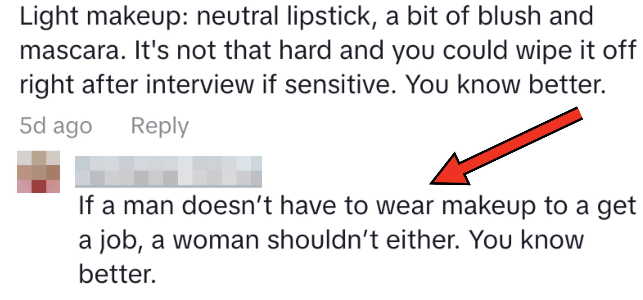 Three social media comments discussing opinions on wearing makeup for interviews and jobs
