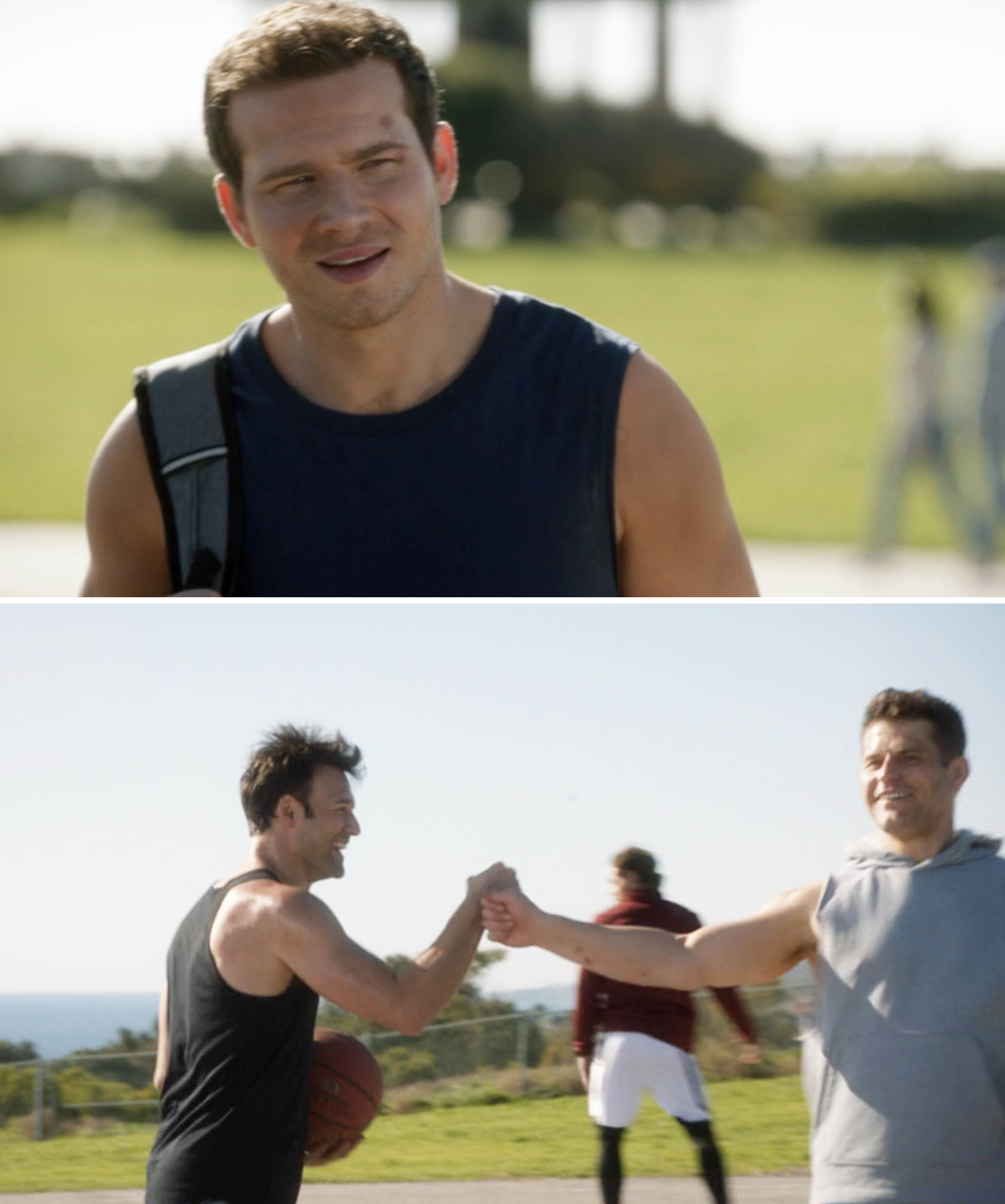 Buck, Eddie, and Tommy playing basketball