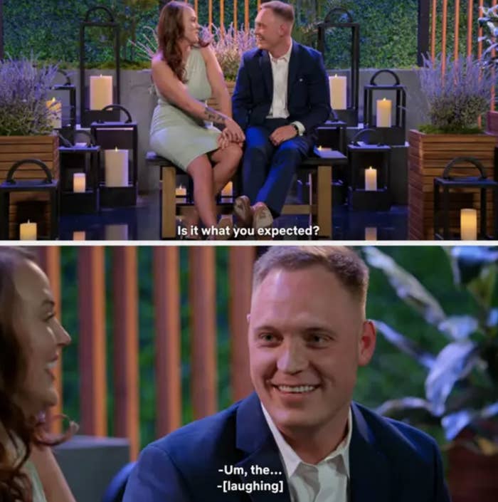 Chelsea and Jimmy chatting on Love Is Blind with on-screen subtitles displaying their conversation