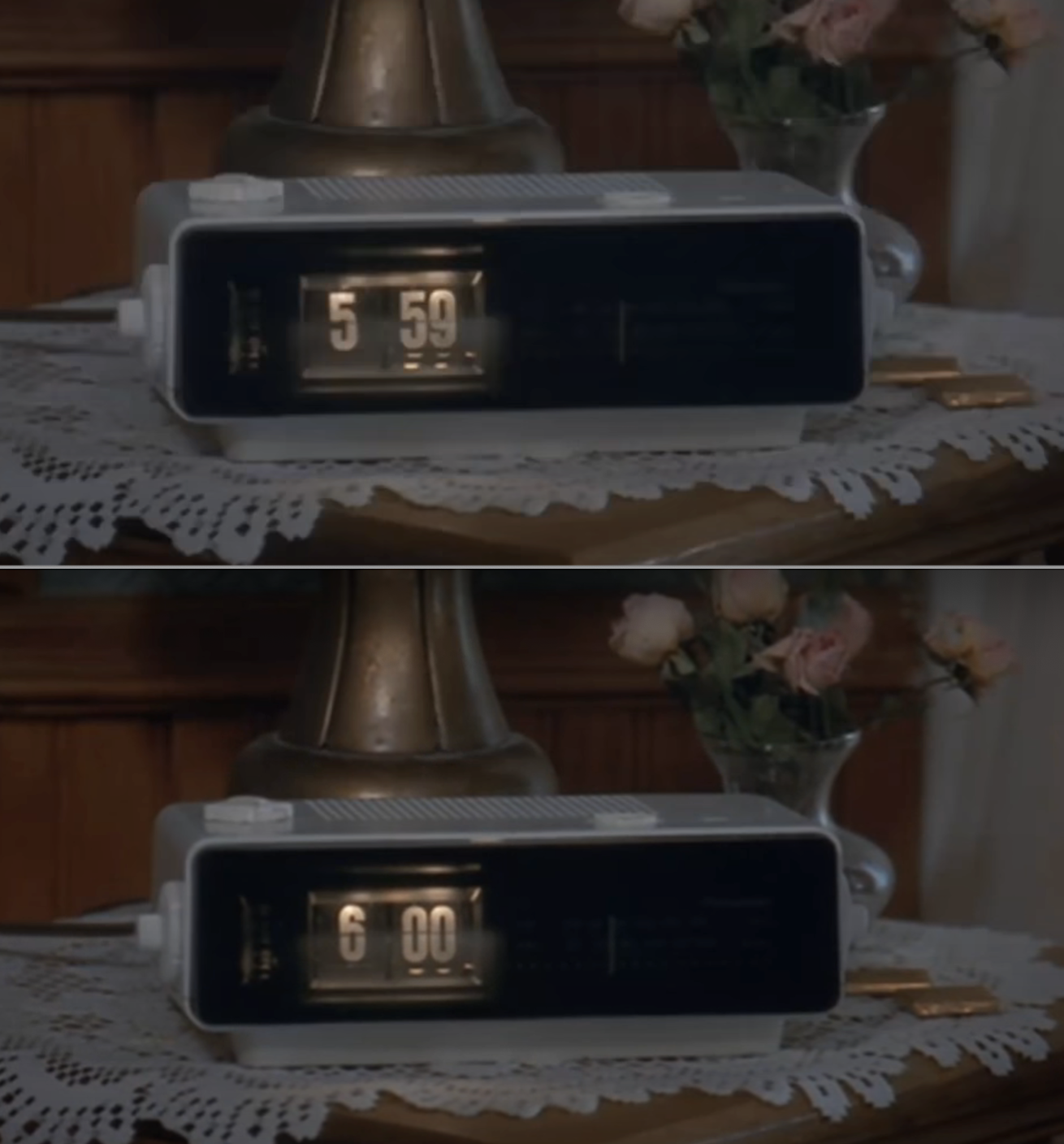 Vintage flip clock showing times 5:59 and 6:00 on a lace-covered table, suggesting a focus on time management or routines