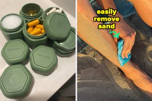 reviewer's olive green stackable travel containers and model wiping sand off leg with sand removing bag