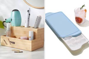 a bamboo hair tools organizer on the left and a lidded ice cube tray on the right