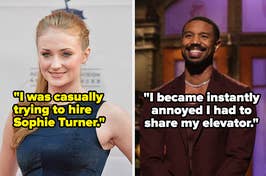 Two side-by-side photos: left, Sophie Turner in a dress at an event; right, a person with text overlay about sharing an elevator