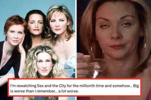 Four "Sex and the City" characters posing together with text expressing a viewer's revised opinion about a character named Big