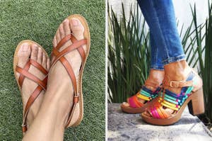 Two different styles of sandals, one flat and one with a chunky heel