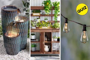 A collage of home decor: candle holder, plant shelf, and lit bulbs, with a "QUIZ" logo