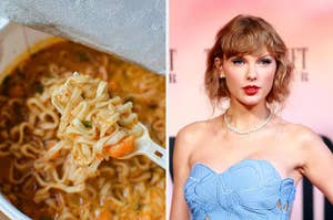 A bowl of ramen noodles; Taylor Swift in a strapless blue dress with a pearl necklace at an event