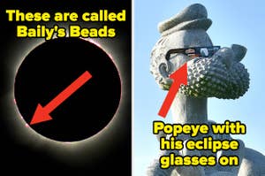 Solar eclipse displaying Baily's Beads effect, and a statue of Popeye wearing eclipse glasses