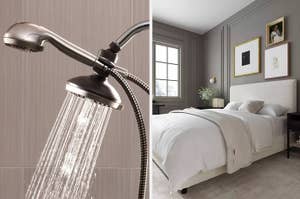 Shower head with water flow on left, elegant bedroom interior on right, suggesting home goods for shopping