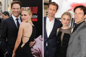 Two side-by-side photos of Anna Paquin and Stephen Moyer at events, posing together, dressed in formal attire