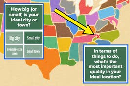 map of the united states with questions from the quiz: how big is your ideal city or town? with small town selected, and what's the most important quality in your ideal location? with an arrow pointing to western north carolina