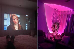 Person watching a movie on a projector screen in a cozy room with ambient lighting