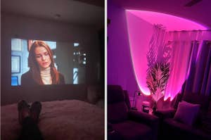 Person watching a movie on a projector screen in a cozy room with ambient lighting