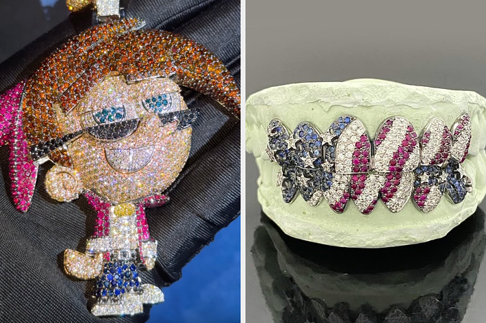 Cartoon character pendant with jewels on left; jeweled dental grill on right