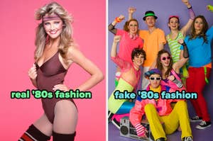 Group of people dressed in exaggerated '80s attire labeled "fake '80s fashion" beside a woman in typical '80s outfit labeled "real '80s fashion"