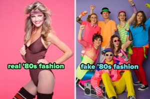 Group of people dressed in exaggerated '80s attire labeled "fake '80s fashion" beside a woman in typical '80s outfit labeled "real '80s fashion"