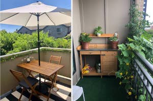 Balcony setup with a wooden table and chairs under an umbrella, and a small garden with plants and a wooden shelf