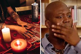 On the left, a closeup of a table with cards and lit candles on it, and on the right, Titus from Unbreakable Kimmy Schmidt covering his mouth with his hand