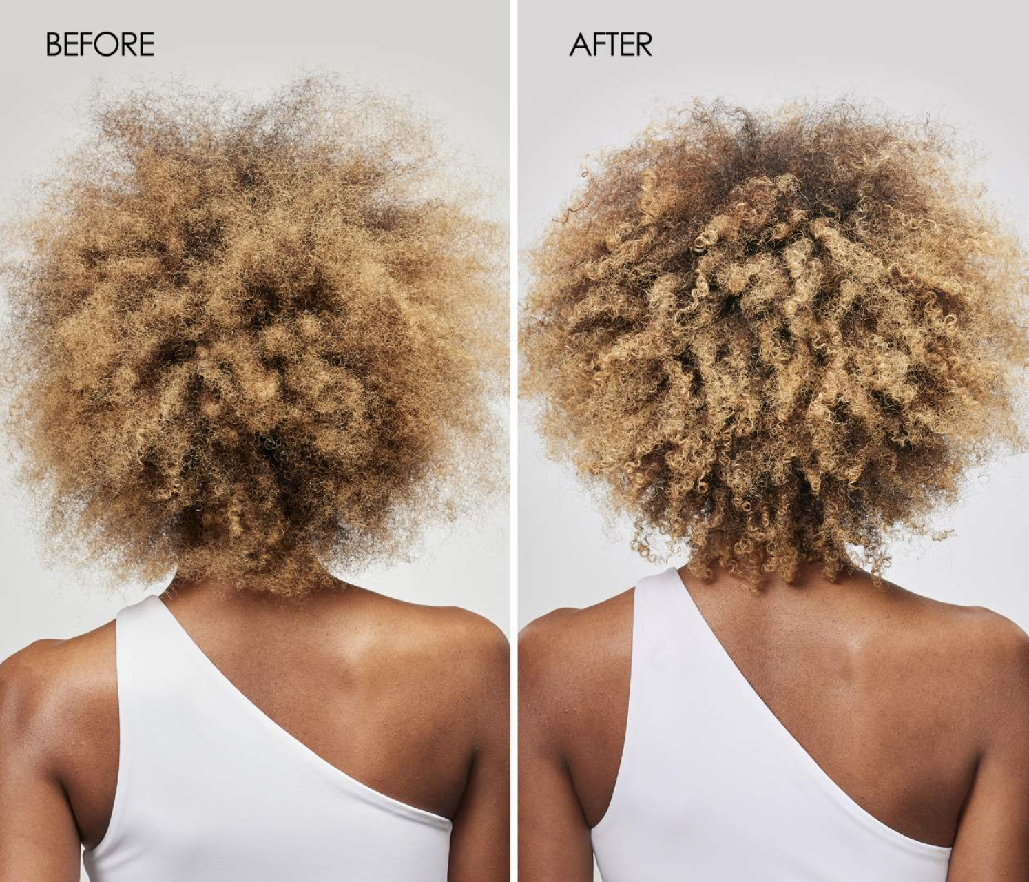 Before and after comparison of hair treatment, showing a person&#x27;s head from the back with more defined curls in the after photo
