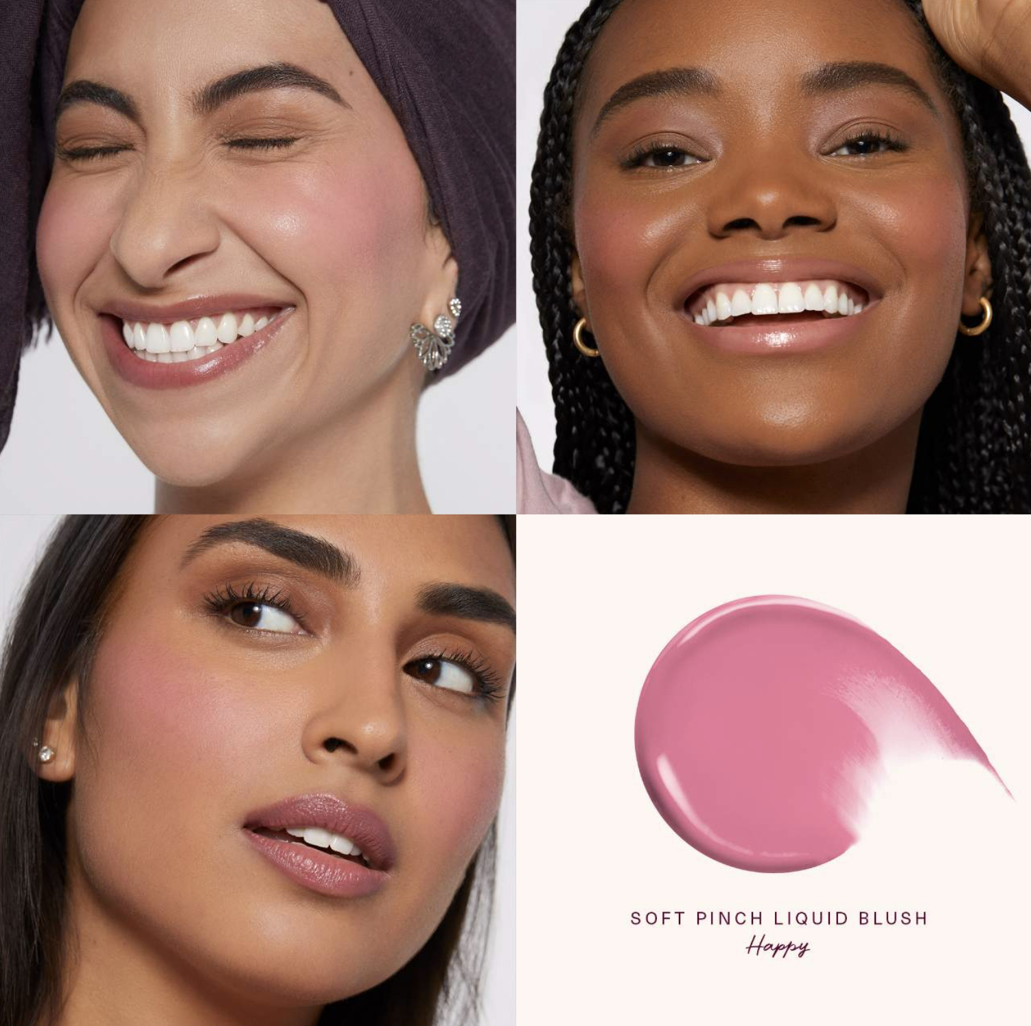 Four images in a collage featuring three smiling models showcasing makeup,and a swatch of pink blush