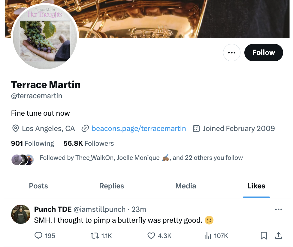Twitter profile of terrace martin with a trumpet displayed, also a tweet about a song complimenting @iamstillpunch