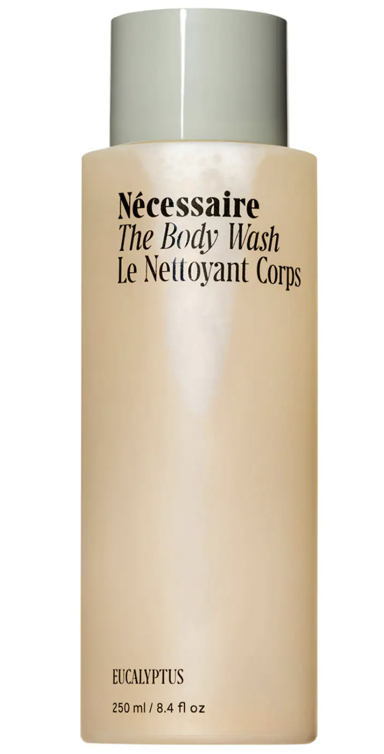Product bottle labeled &quot;Nécessaire The Body Wash Eucalyptus&quot; in text with volume indication