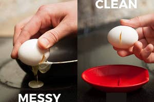 Comparison of messy egg cracking with a clean cut eggshell opener over a bowl