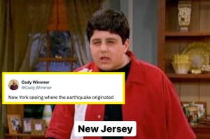 TV show character looks confused with a tweet overlay joking about New York and an earthquake originating in New Jersey