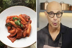 Korean tteokbbokki on a plate with Stanley Tucci reacting