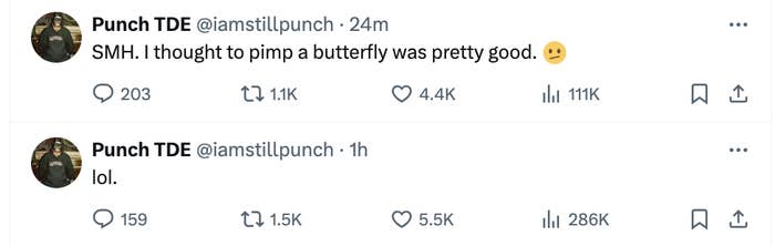 Two tweets from Punch TDE, one referencing a butterfly with a disapproving emoji, another with &#x27;lol.&#x27;