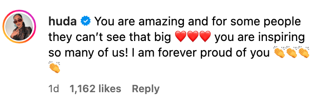 A screenshot of a social media comment by huda with supportive and admiring text, including heart and clapping emojis
