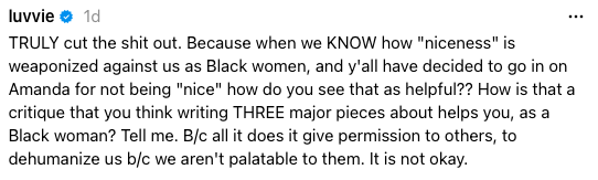 Post criticizing the negative use of &#x27;niceness&#x27; towards Black women and its impacts
