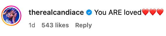 Profile icon of user therealcandice with text &quot;You ARE loved&quot; followed by heart emojis, indicating a supportive comment
