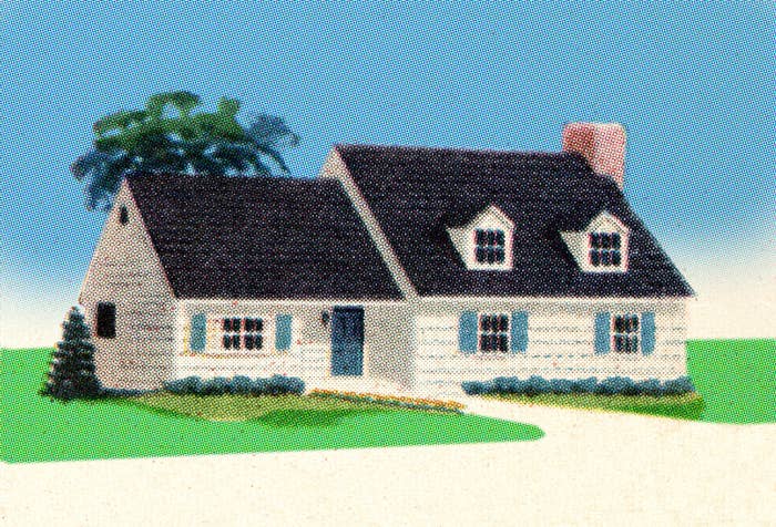 Illustration of a quaint house with a tree behind it and a path leading to the front door