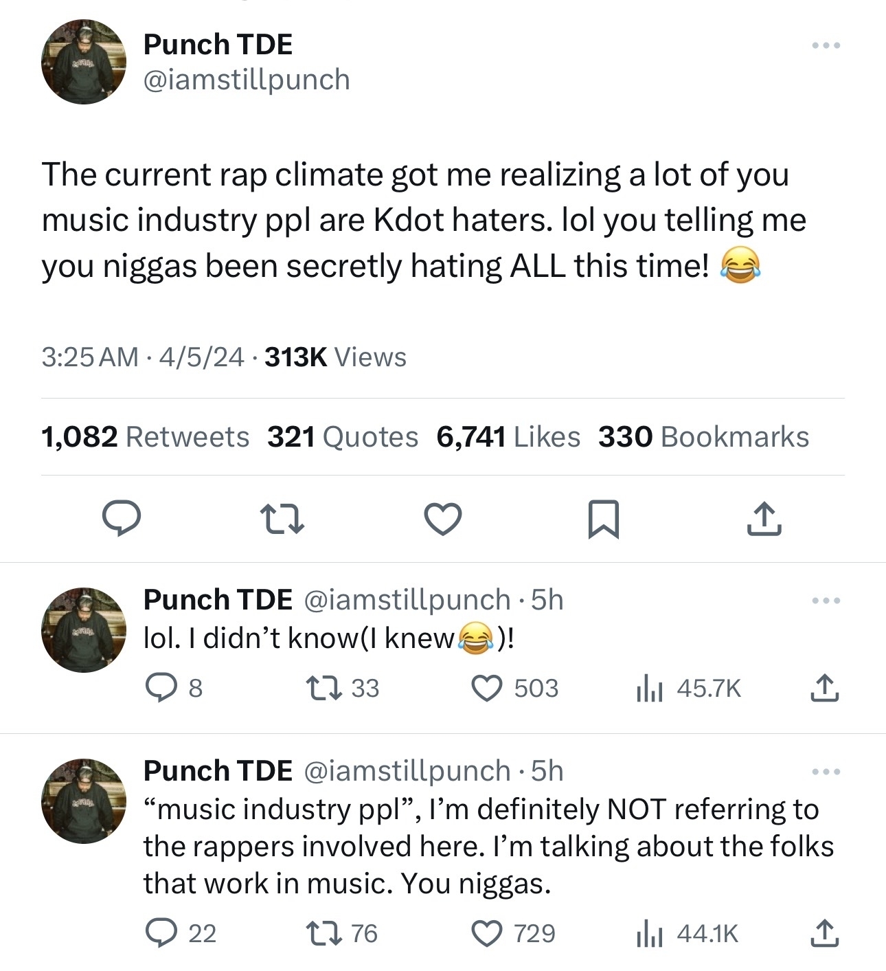 Summarized tweets discussing the music industry and reactions from Punch TDE, with mixed opinions and humor