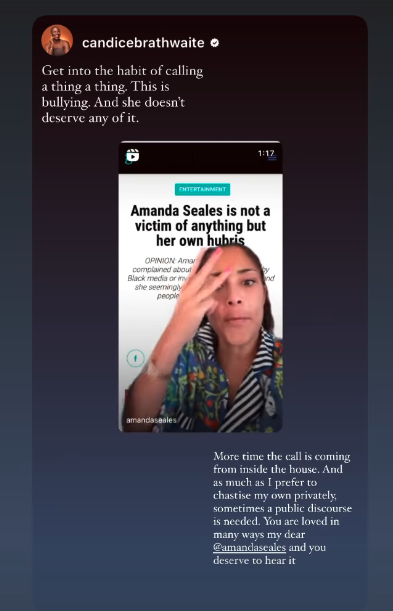Amanda Seales wearing a striped shirt speaking in an Instagram video with overlaid text about not being a victim of bullying