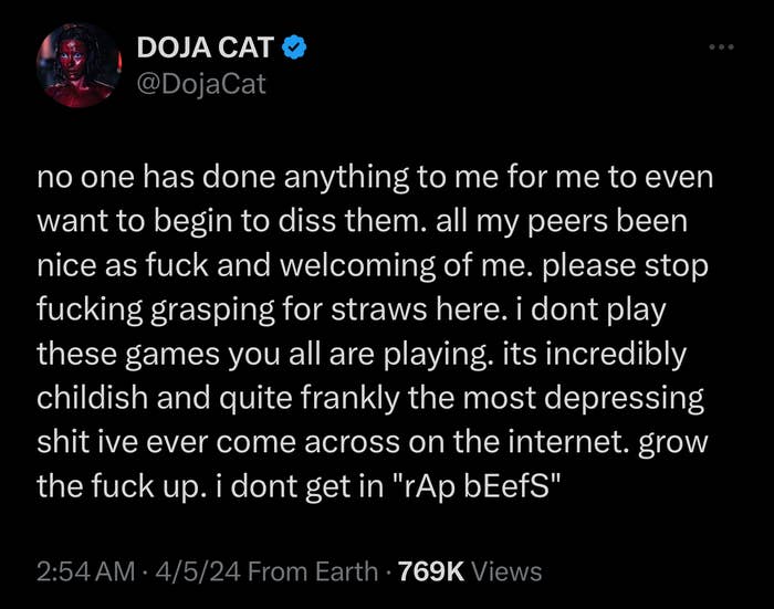 Summarized text from Doja Cat&#x27;s social media post expressing frustration with peers and asking for an end to games and negativity