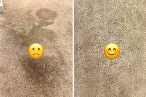 Before and after photos of a carpet with a stain removed and a happy emoji added