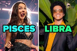 On the left, Olivia Rodrigo labeled Pisces, and on the right, Bruno Mars laebeled Libea