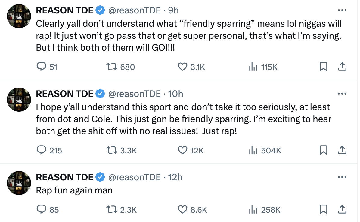 The image shows a series of three tweets by the music artist REASON discussing the competitive nature of rap