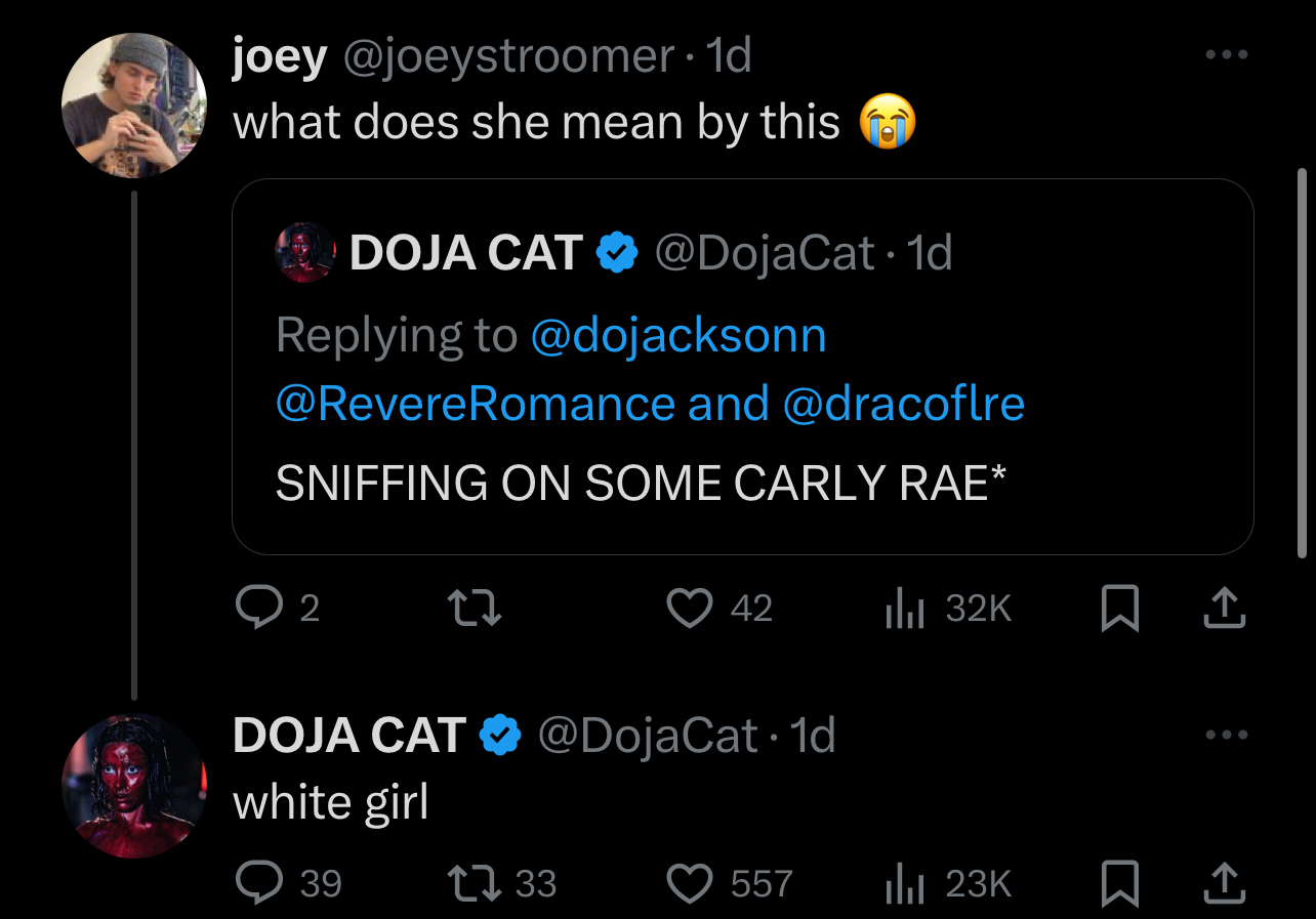 Screenshot of Twitter exchange involving users @joeystroomer, @DojaCat, and others, discussing musician Carly Rae