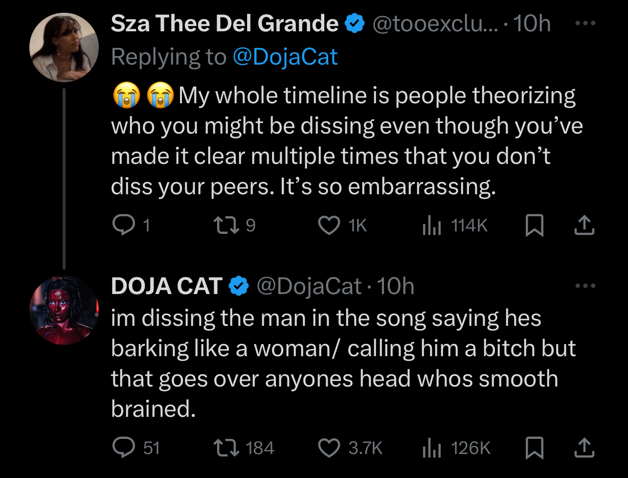 Two tweets, one from Sza Thee Del Grande and a response from Doja Cat discussing online comments