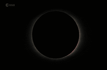 A solar eclipse with the moon passing in front of the sun, casting a shadow on Earth, with the ESA logo