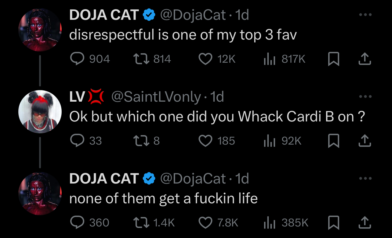 Screenshot of a Twitter exchange involving Doja Cat and user SaintLvonly discussing a music-related topic