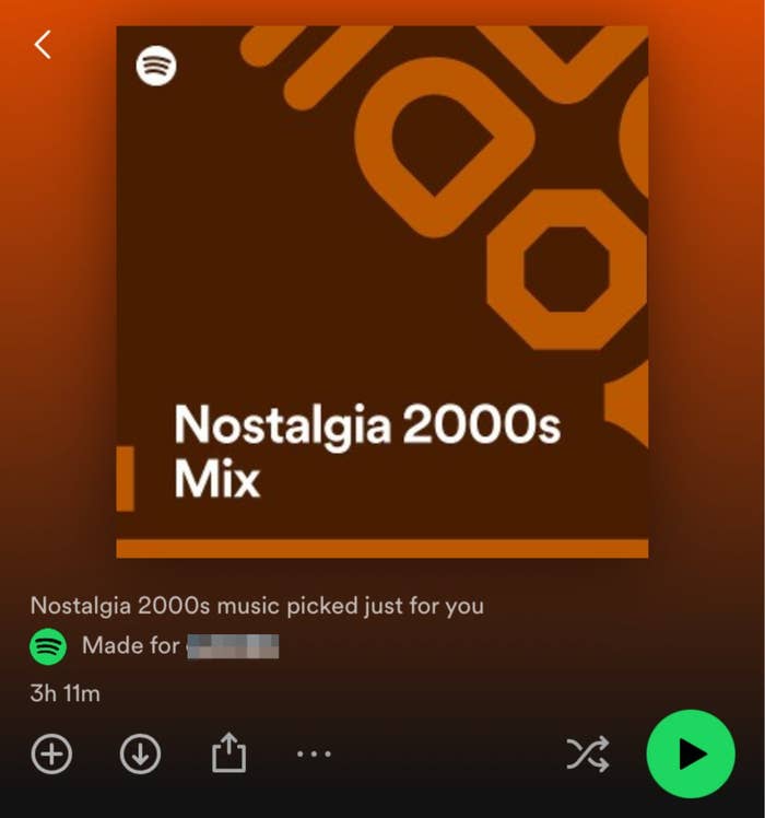 Spotify&#x27;s &quot;Nostalgia 2000s Mix&quot; playlist screen with user&#x27;s personalized selection
