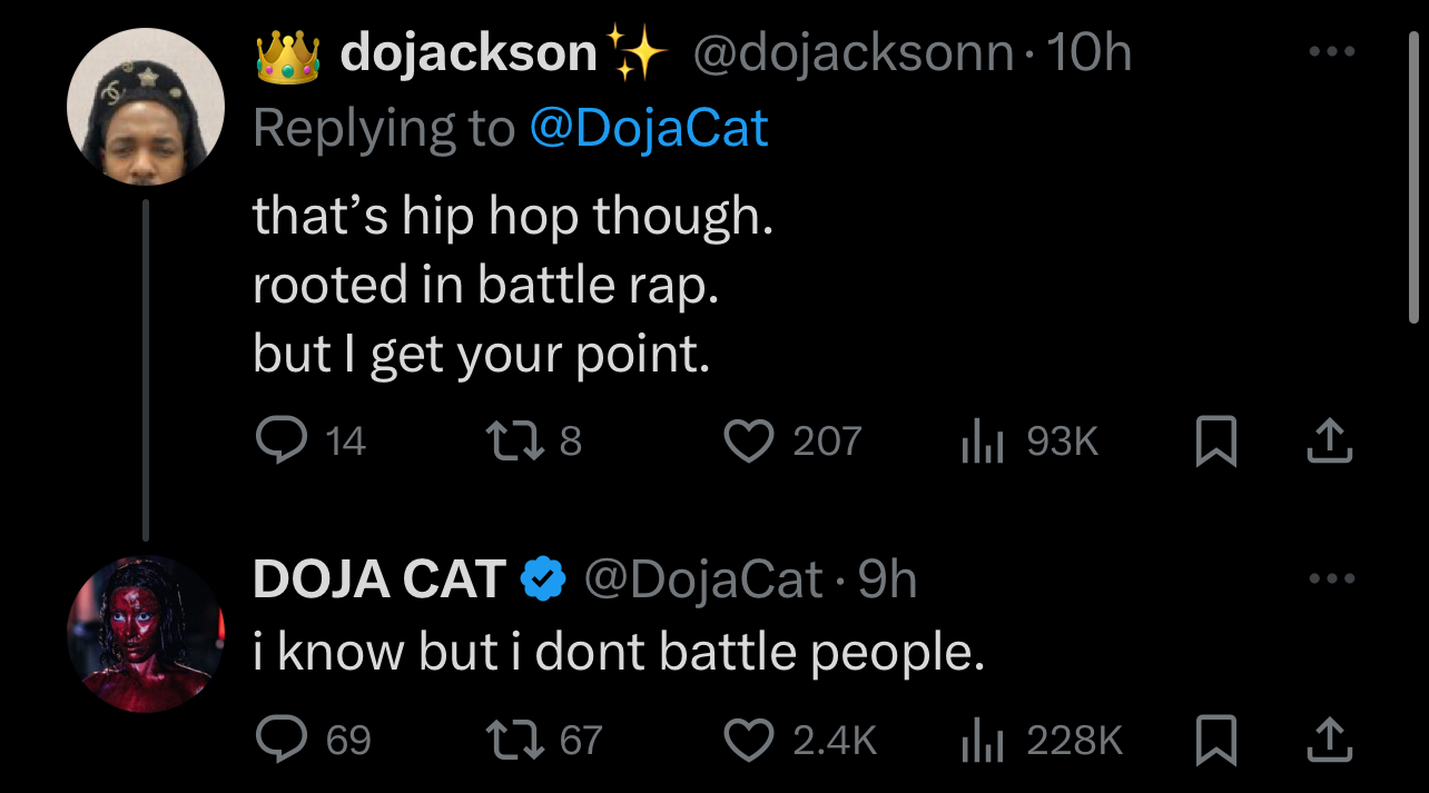 Two tweets by Doja Cat engaging in a discussion related to hip hop and battle rap