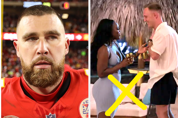 Split image: Left, Travis Kelce in football uniform. Right, animated scene with Aladdin proposing to Jasmine