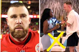 Split image: Left, Travis Kelce in football uniform. Right, animated scene with Aladdin proposing to Jasmine
