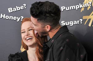Two people laughing together, with terms of endearment like "Babe?" and "Honey?" overlaid in text