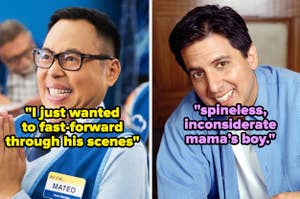 Side-by-side images of TV characters Mateo from Superstore and Ray Barone from Everybody Loves Raymond, each with a critique quote